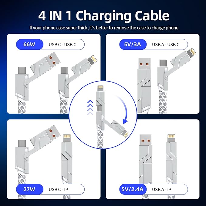 4 in 1 Charging Cable 5FT -MAX 66W Fast Charging Multi Charging Cable - Image 2