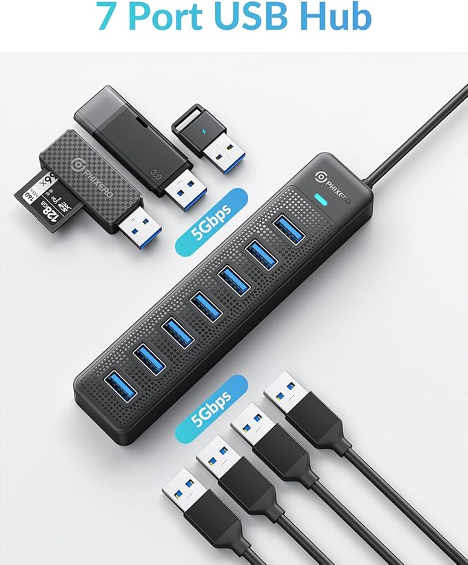 PHIXERO 7 Port USB Hub, 3.3FT/1M Long Cable USB 3.0 Hub Multi USB Port Hub - Image 2