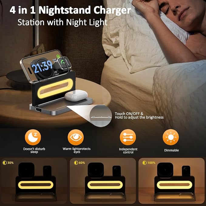 4-in-1 Wireless Charger with Adjustable Night Light, Magnetic Foldable Stand - Image 4