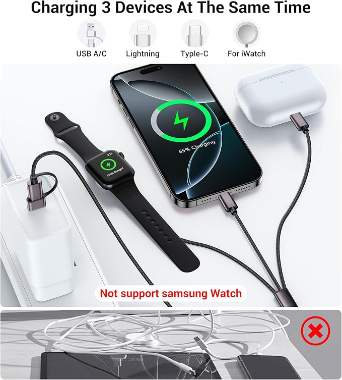 Temdan for Travel Vacation Essentials, 3 in 2 USB C Cable for Apple Watch - Image 4