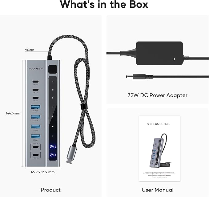 Powered USB C Hub, PULWTOP 9-in-1 USB-Hub suppprt 10Gbps & PD 45W Max Charging - Image 9