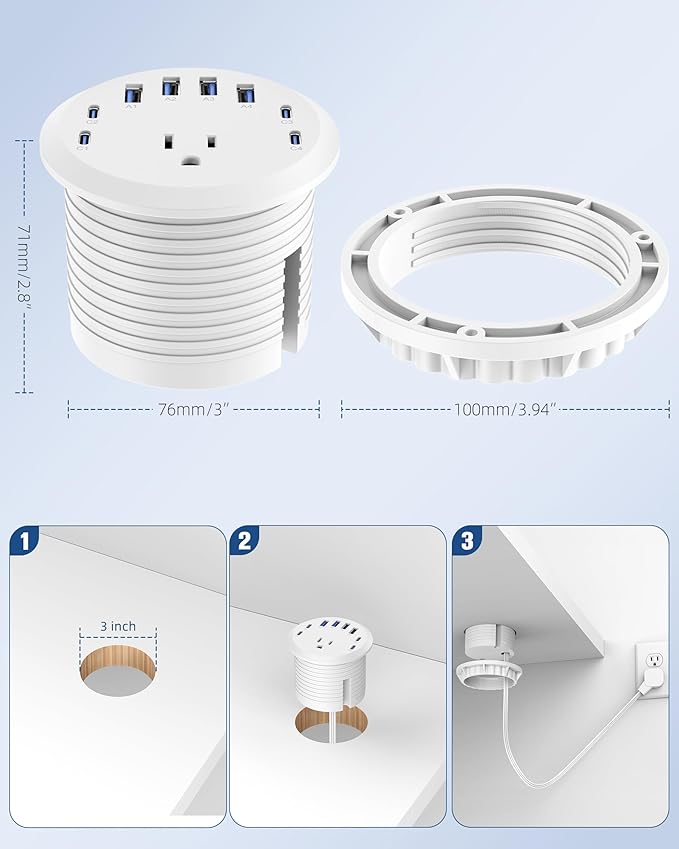 Jgstkcity 65W USB-C Hidden Desktop Power Grommet: 1 AC Outlet, 8 USB Charging - Image 5