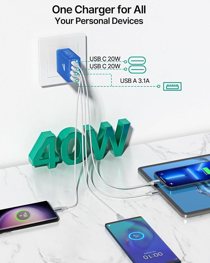 USB C Wall Charger, 40W Fast USB C Charger Block, 4-Port PD + QC Wall Plug - Image 3