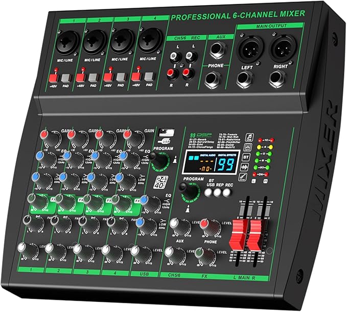 MW-6 black 6-Channel Professional DJ Audio Mixer Portable Controller Mixer by Yamnweo