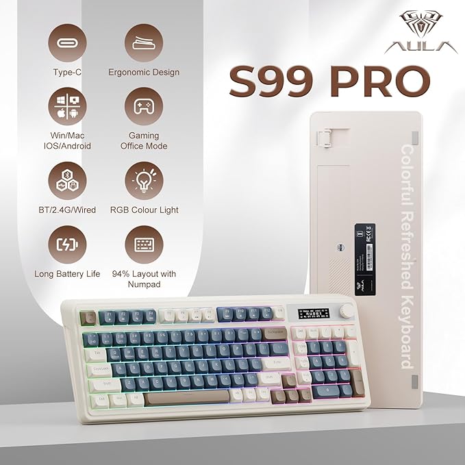 AULA S99 Pro Wireless Keyboard, Gaming Keyboards Media Knob Custom RGB Backlit - Image 2