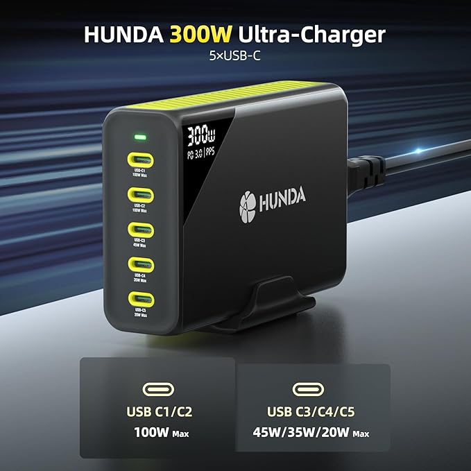 HUNDA 300W USB C Charger GaN Charging Station Desktop 5 Ports PD 100W Fast - Image 3