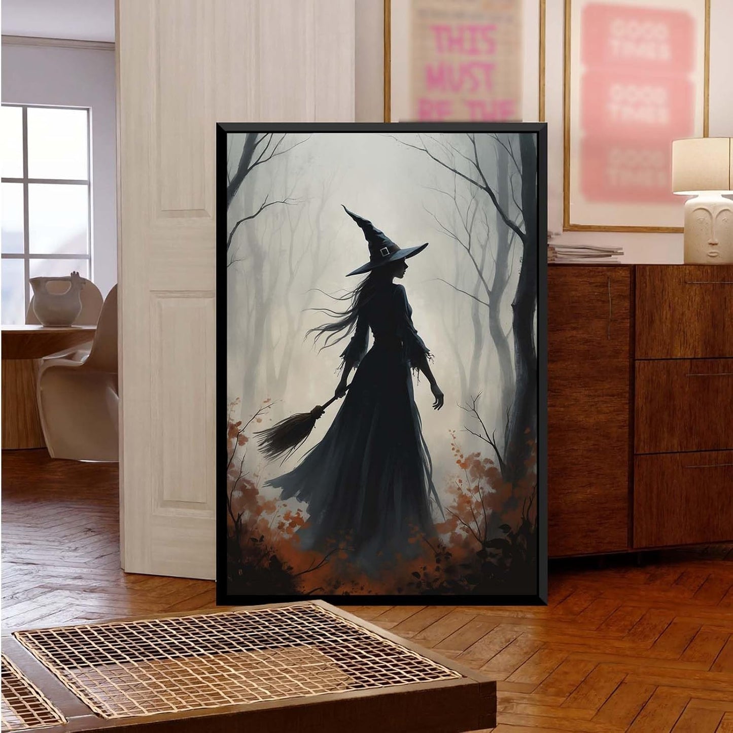 JFHCQJPK Vintage forest witch silhouette poster Halloween mural poster decoration mural art magic suitable for home living room bedroom20x30in Metal blackFramed