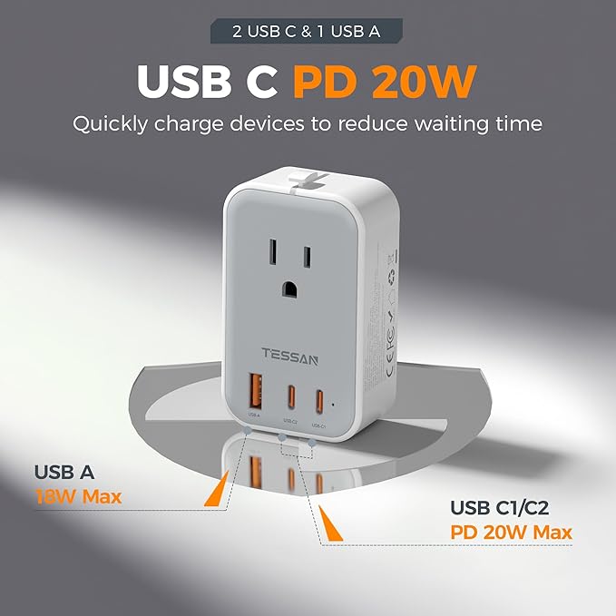 TESSAN Universal Travel Adapter PD 20W, Ultra Thin International Power Adapter - Image 5