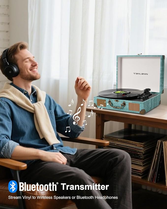 Vinyl Record Player with Bluetooth Output & Input, Treble & Bass Control - Image 3