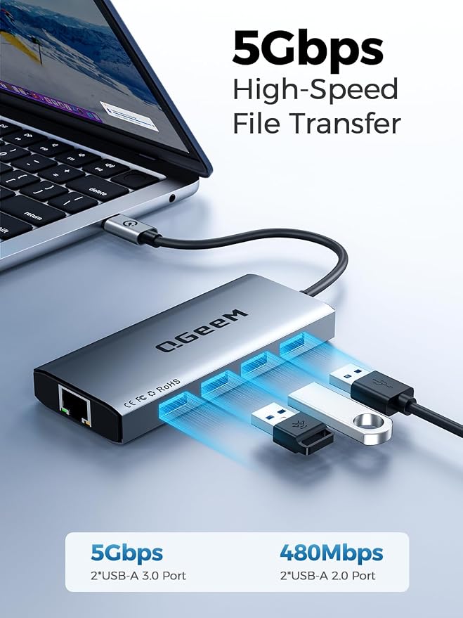 QGeeM USB C Hub Ethernet, 9 in 1 USB Type C Hub HDMI Multi-Port Converter - Image 4