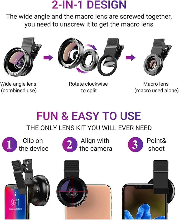 Apexel Phone Camera Lens, 2 in 1 Cell Phone Clip-on Lens Kit 0.45X Wide Angle - Image 7