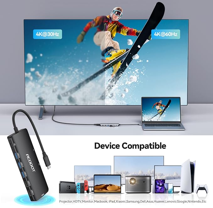 Acodot 9 in 1 USB C to 4K@60HZ HDMI Multiport Adapter, 3 USB 3.0 Ports - Image 3