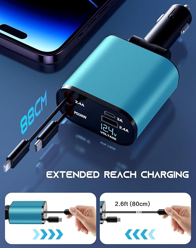 Retractable Car Phone Charger, 4 in 1 Fast Charge Car Phone Charger - Image 5