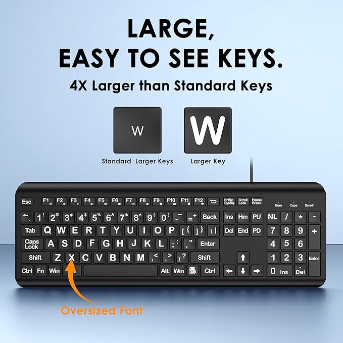 Large Print Computer Keyboard, Wired USB Full Size Quiet Keyboard - Image 3