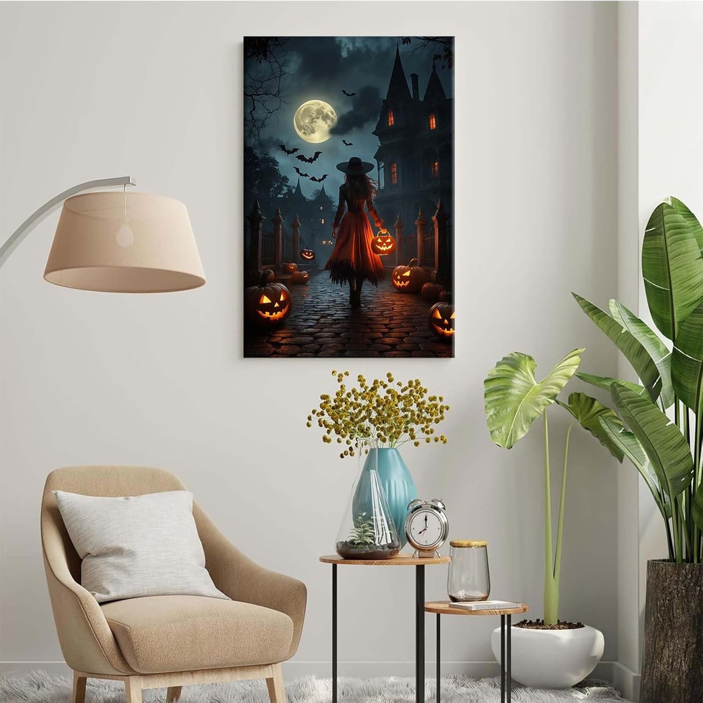 JFHCQJPK Halloween theme poster moonlit autumn night witch vintage poster art print dark college style gothic painting canvas wall decoration bedroom living room ideal gift24x36in Frameless