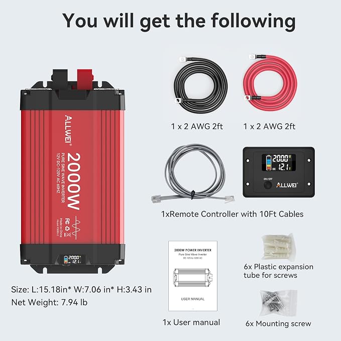 ALLWEI 2000W Pure Sine Wave Inverter 12V DC to 110V/120V AC Converter, Surge - Image 8