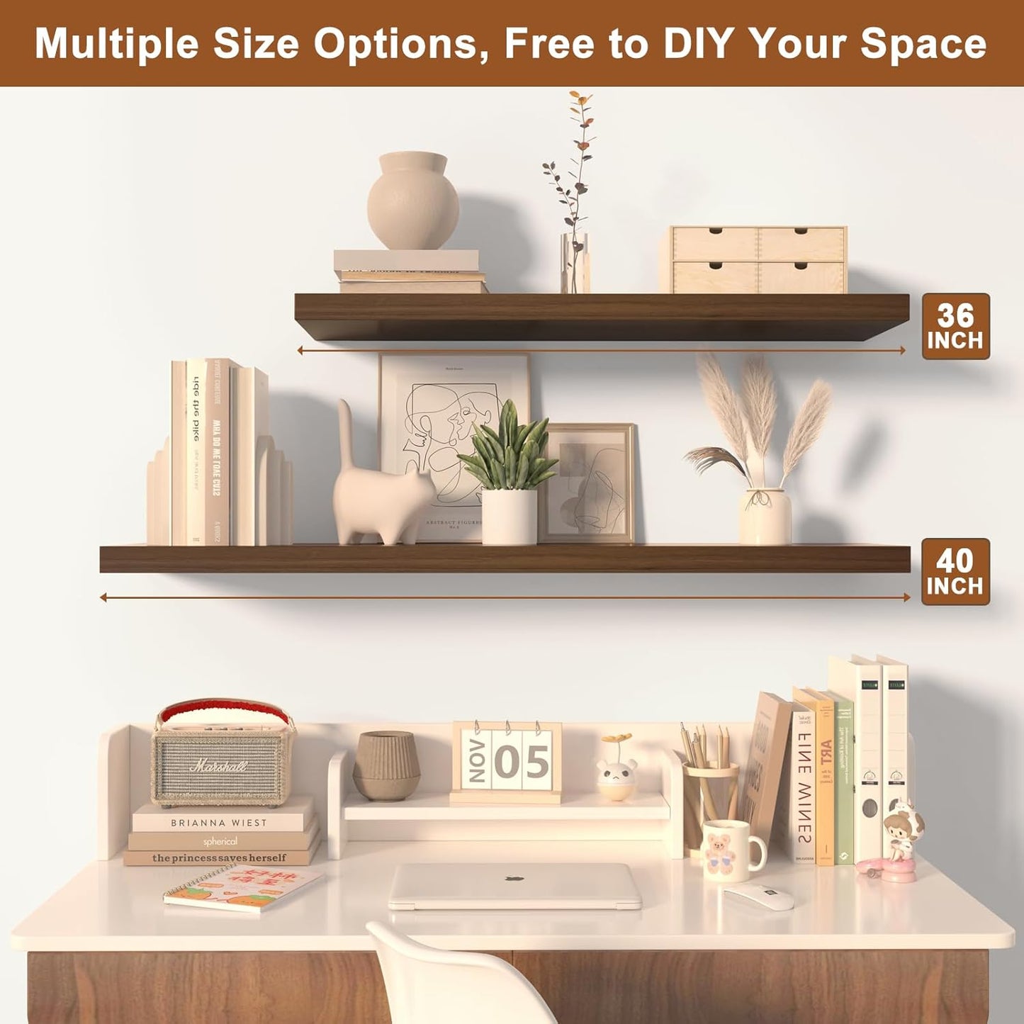 12 Inch Deep Floating Shelves for Wall 2 Pack Floating Shelves Large Storage Space Wall Mount Shelf for Living Room Kitchen Bathroom 36" W x 12" D x 1.2" H Walnut