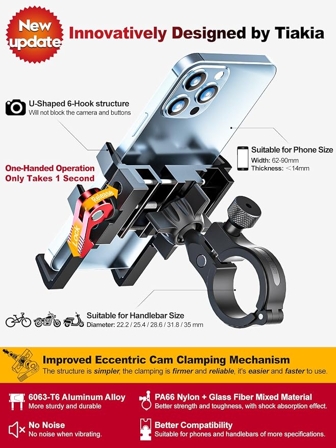 Tiakia Bike Phone Mount Holder, Aluminum Motorcycle Phone Mount, Handlebar - Image 2