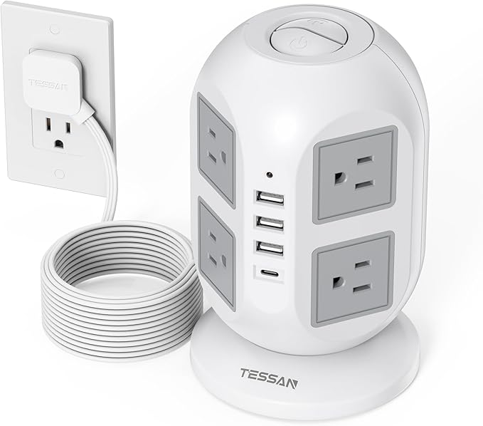 TESSAN Tower Surge Protector Power Strip 10 ft, Long Flat Extension Cord by TESSAN
