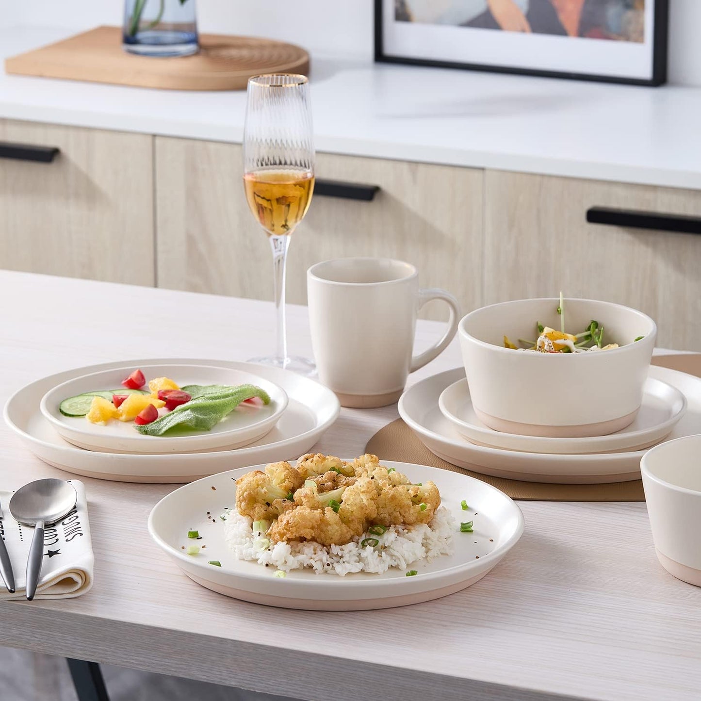 Stone Lain Jules Stoneware Dinnerware, Plates and Bowls, Dish Set for 4, Off White, Microwave & Dishwasher Safe, 16-Piece