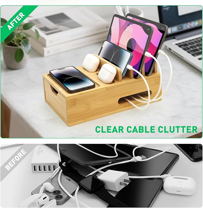 Bamboo Charging Station for Multiple Devices, Desktop Wood Charger Organizer - Image 3