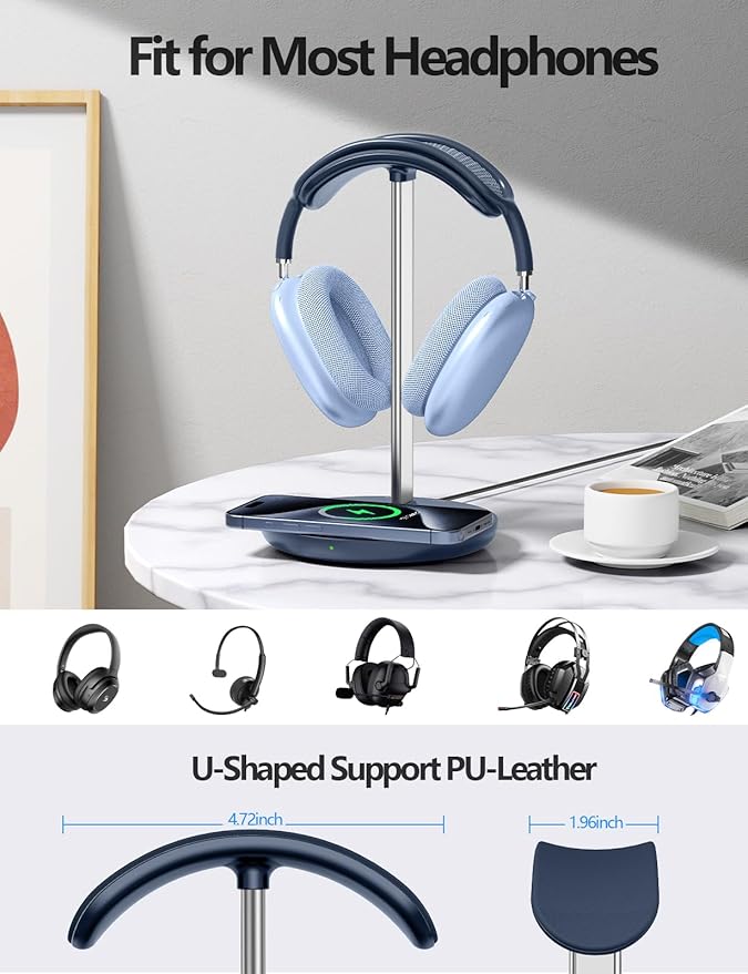 Miroddi Headphone Stand with Wireless Charger, Independent USB Charging Port - Image 2
