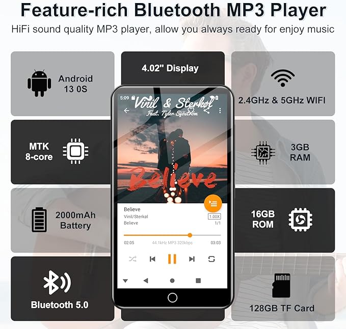 144GB MP3 Player with Bluetooth and WiFi, Android 13 OS MP3 & MP4 Players with - Image 4