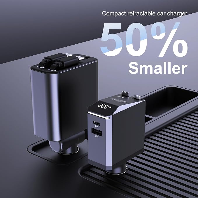 Aftertop 200W Retractable Car Charger, 3-in-1 Independent Fast Charging - Image 7