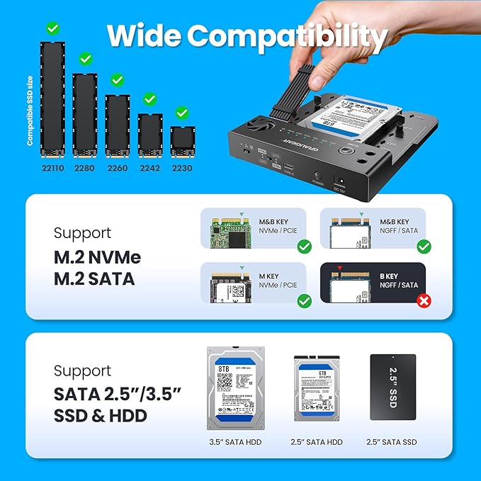 GRAUGEAR SATA SSD/HDD to M.2 NVMe Docking Station, USB-C 10Gbps Clone Station - Image 4