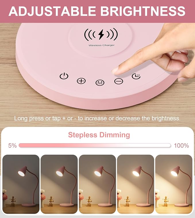 BOHON Cute Desk Lamp with USB C+A Charging Ports, Wireless Charger Pink Lamp - Image 3