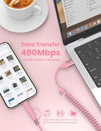 Coiled USB-C and Lightning Cable 2-in-1, 3FT Pink iPhone 15 16 Car Charger Cord - Image 7
