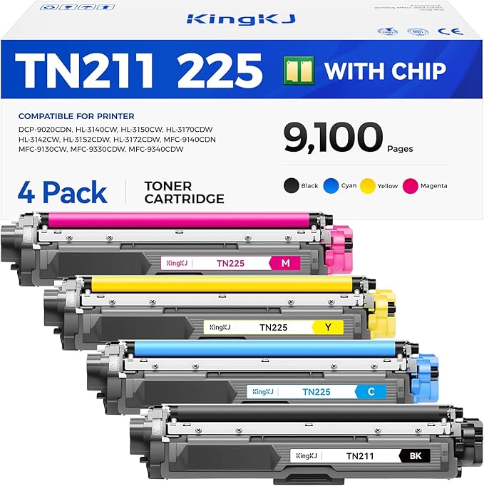 TN221 TN225 Toner Cartridge 4-Pack Black Cyan Yellow Magent Replacement by KingKJInkToner