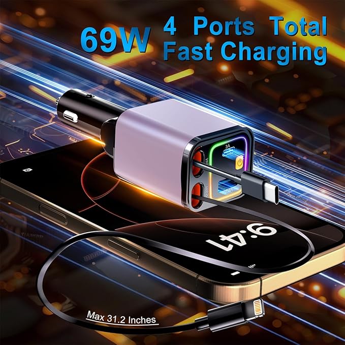 4 in 1 Retractable Car Charger, 69W Car Charger USB C, Cigarette Lighter Adapter - Image 2