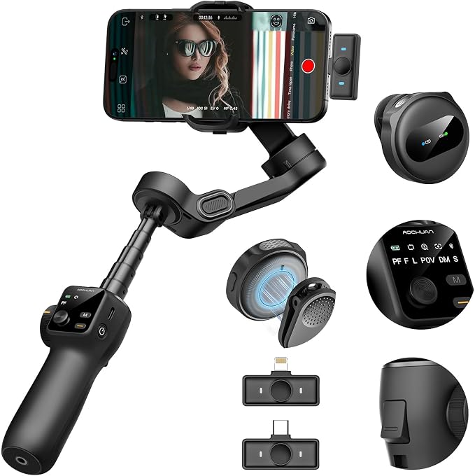 Gimbal Stabilizer for iPhone & Android, 3-Axis Phone Gimbal w/Wireless Lavalier by AOCHUAN