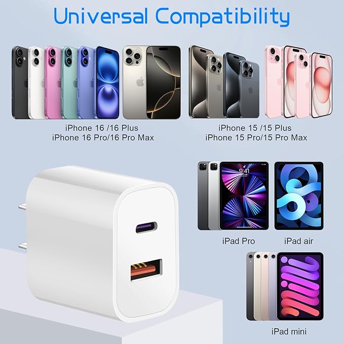 iPhone 16 15 Charger Fast Charging Block, Dual Port USB A/C Charger Adapter Plug - Image 3