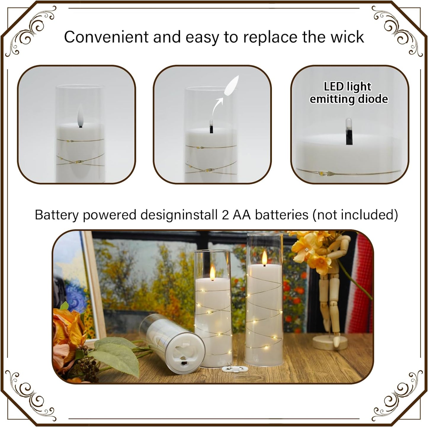 Flickering Flameless LED Candles, 9 Pcs with Embedded Star String, Acrylic LED Pillar Candles with Remote, Suitable for Home Decoration (White)