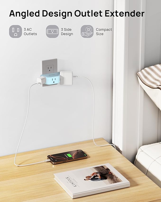 TROND Outlet Extender, 3 Way Angled Plug Splitter, 3-Prong Grounded Wall Outlet - Image 2
