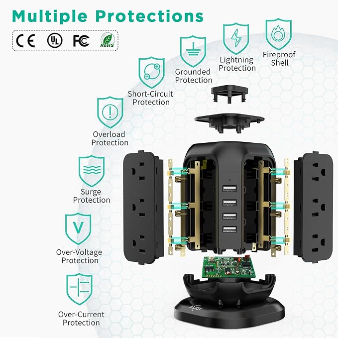 Power Strip Tower with USB Ports-AiJoy Surge Protector with 12 AC Outlet and 4 - Image 6
