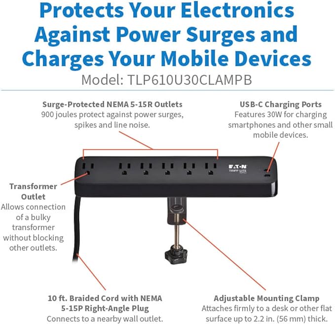 Eaton Tripp Lite series Desk Clamp Power Strip Surge Protector, 2x 30W USB-C - Image 2