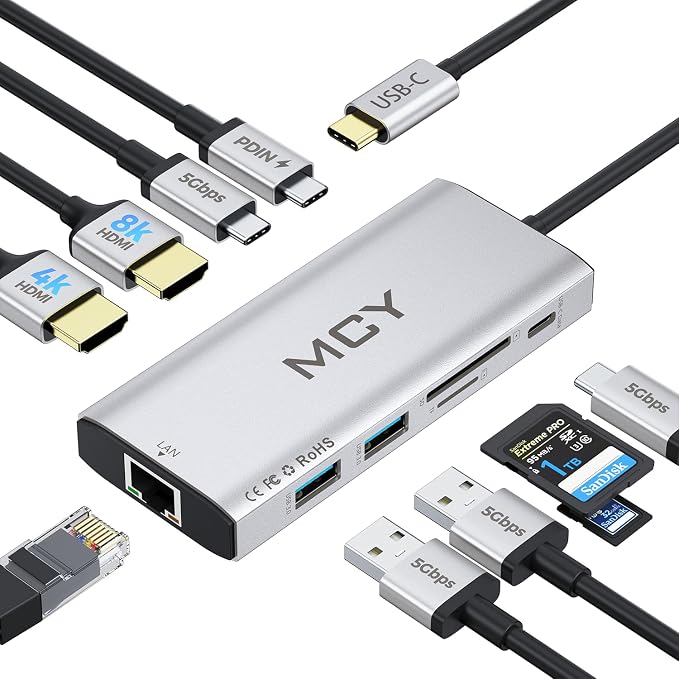 MCY USB C Hub, Laptop Docking Station Dual Monitor Single 8K, 10 in 1 Type-C by MCYDigtal