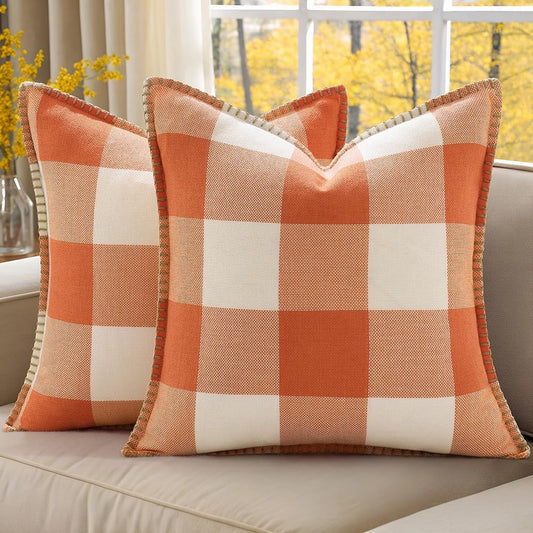 decorUhome Fall Orange and White Decorative Throw Pillow Covers 22x22 Set of 2, Buffalo Plaid Check Farmhouse Cushion Covers with Stitched Edge for Autumn Harvest Couch Sofa Bed Home Decor