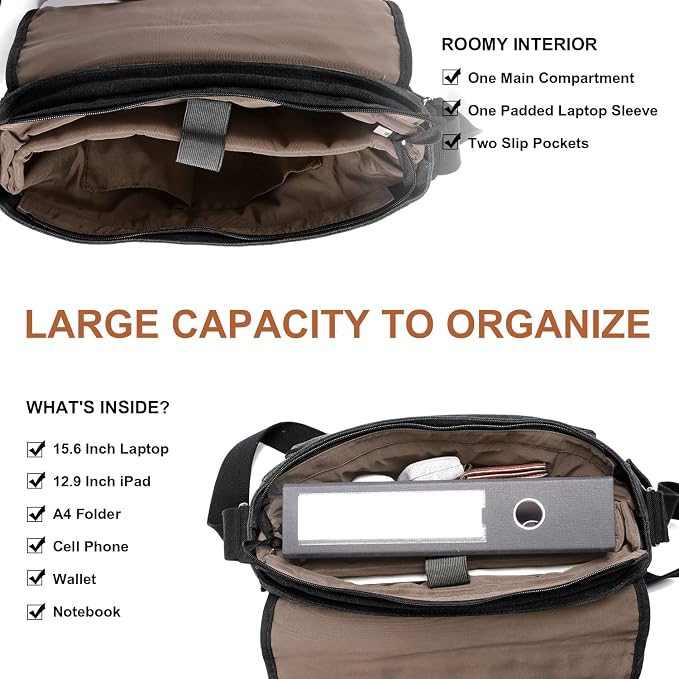 ESTARER Men Messenger Bag 15.6 inch, Water-resistant Canvas Computer Work Bag - Image 5
