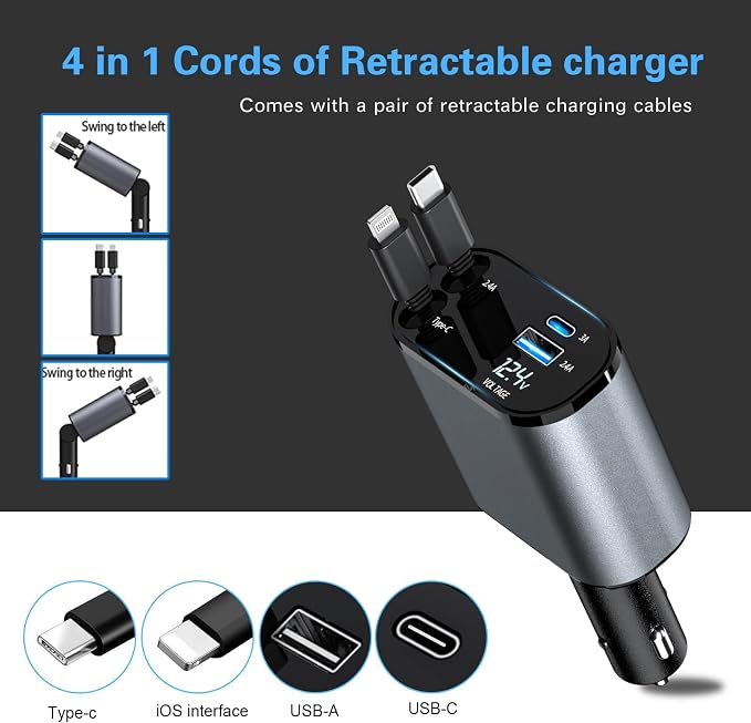 Retractable Car Charger, 66W 4 in 1 Super Fast Charging Car Phone Charger - Image 2