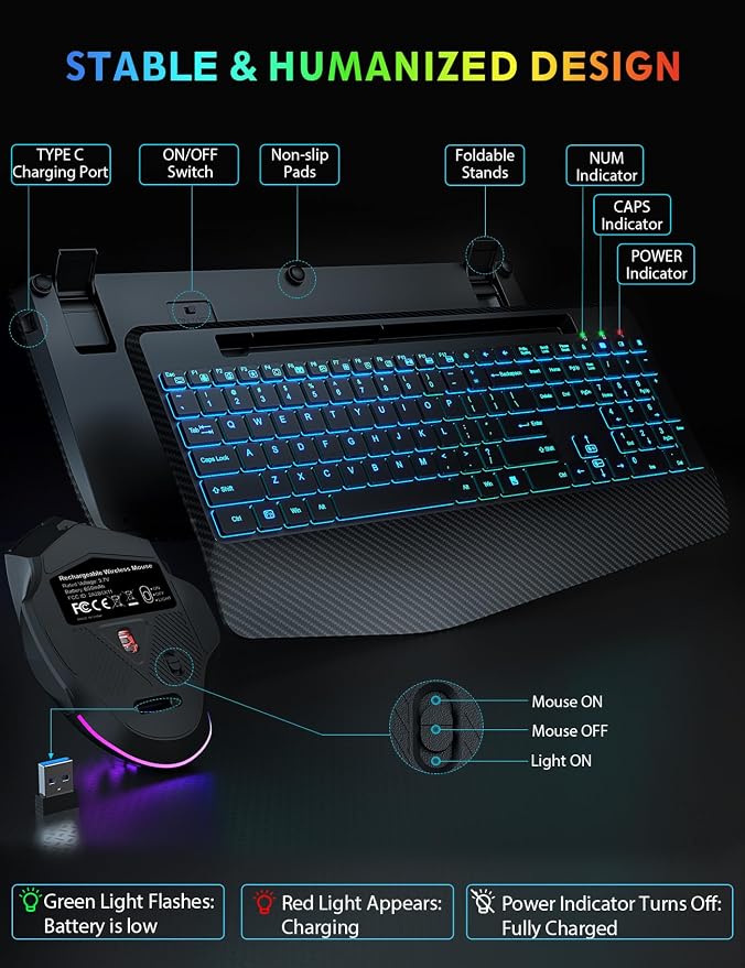 Wireless Keyboard and Mouse Backlits, Wrist Rest, LED Mouse, Rechargeable - Image 7