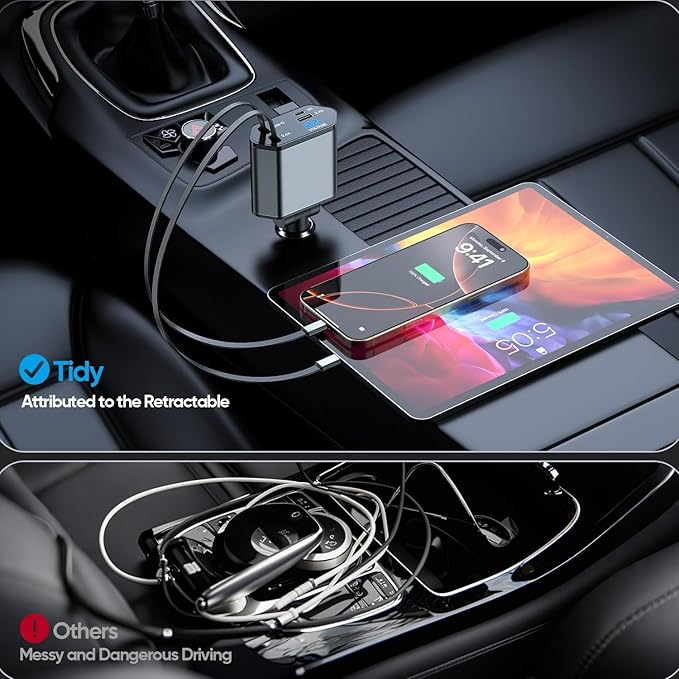 66W Retractable Car Charger, CarCharger Fast Charging 4 in 1 Car Phone Charger - Image 5