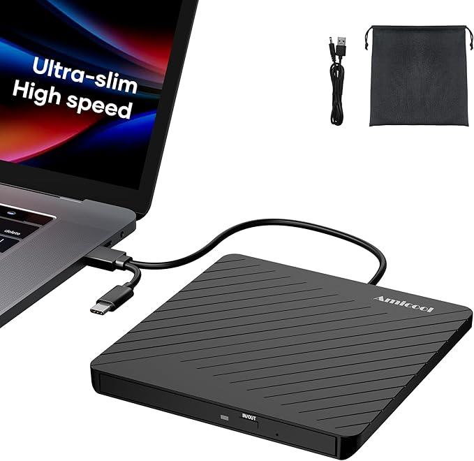Amicool External USB-C USB 3.0 CD/DVD Drive Burner +/-RW, Ultra-Slim Portable by Amicool