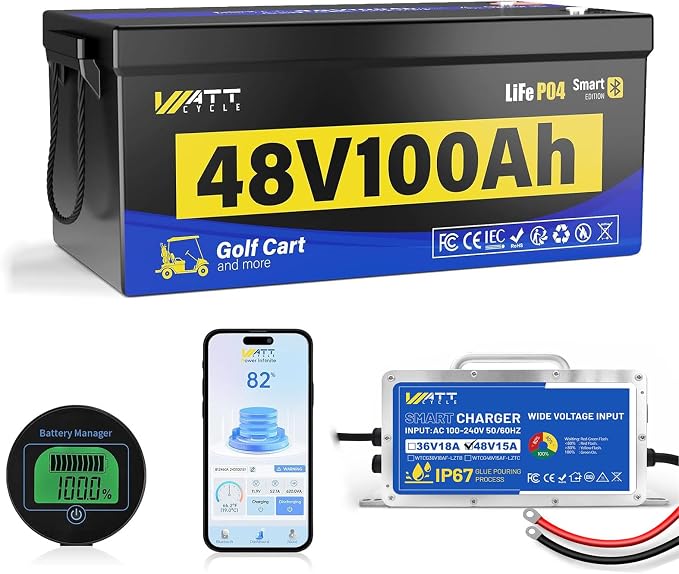48V Lithium Battery Golf Cart Built-in BMS 200A Bluetooth, 48 Volt 100Ah by Wattcycle