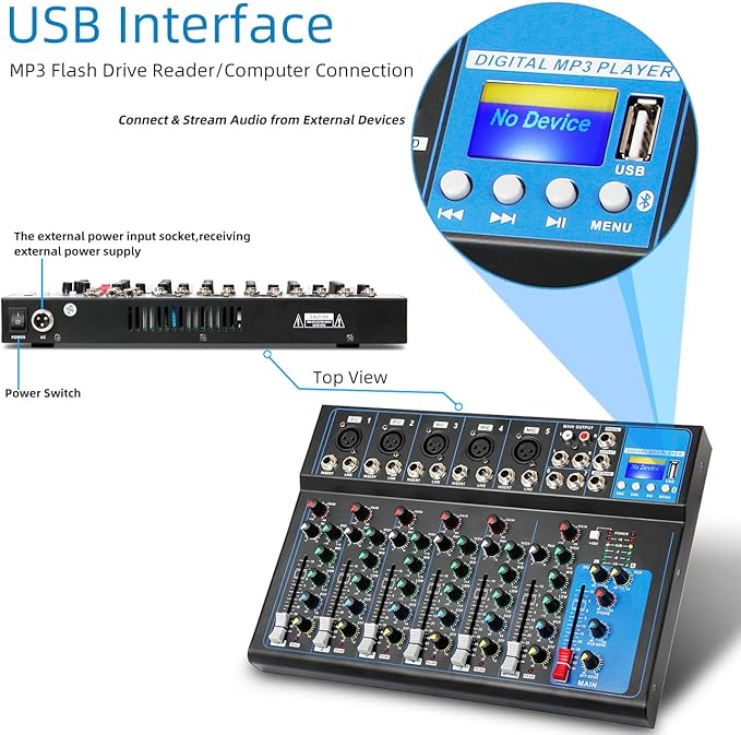 Depusheng HT7 Bluetooth Portable Audio Mixer w/USB DJ Sound Mixing Console MP3 - Image 2