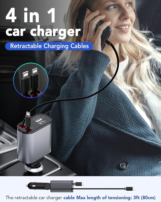 Retractable Car Charger, 4 in 1 Fast Charging 69W, Cigarette Lighter Adapter 2 - Image 2