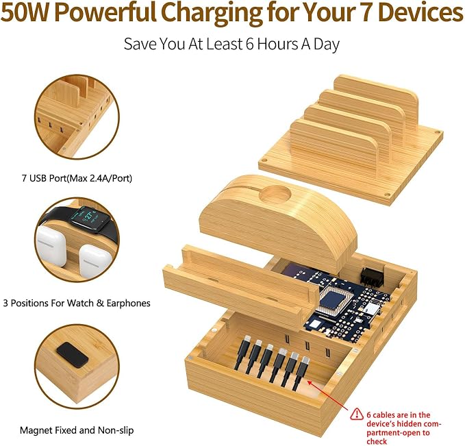 Bamboo Charging Station for Multiple Devices, Alltripal Wood Desktop Docking - Image 2